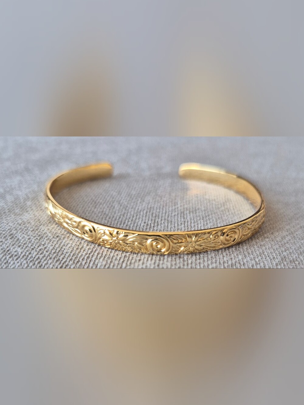Gold Floral Engraved Open Cuff Bracelet